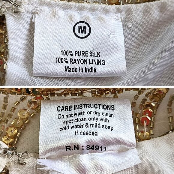 Vtg 80s ANUJAN CREATIONS 100% Silk Ivory Gold Beaded Art Deco Zig Zag Top Size M - Picture 3 of 6